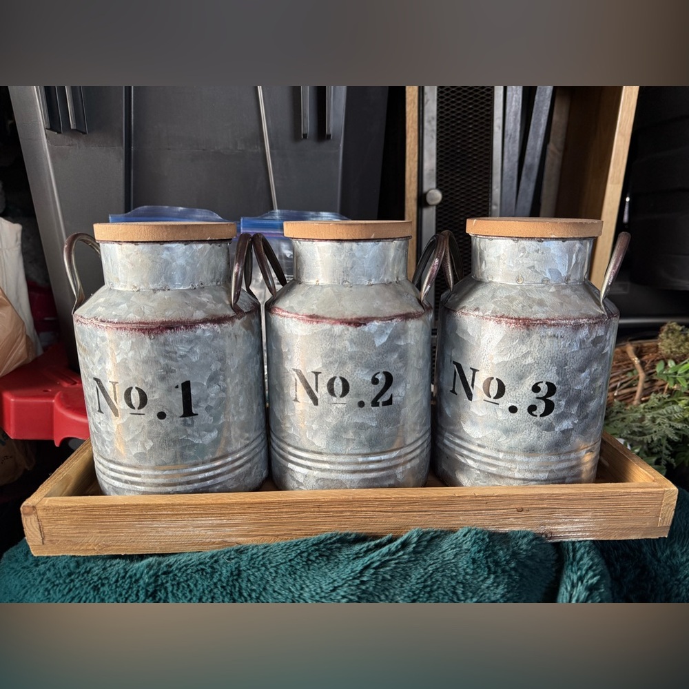 Bundle: galvanized milk cans & wooden bins